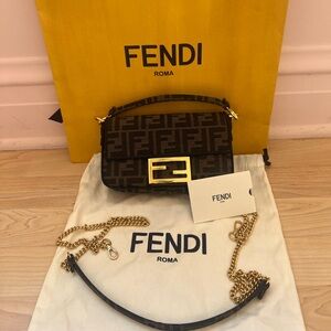 FENDI Mini Baguette brown FF jacquard fabric bag